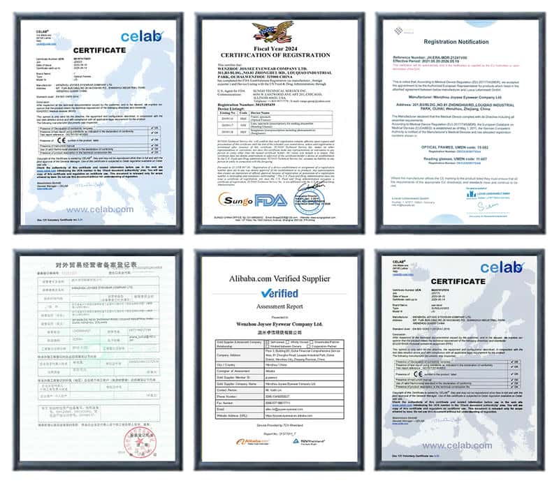 Joysee Eyewear certifications including CE FDA UKCA and BSCI documents